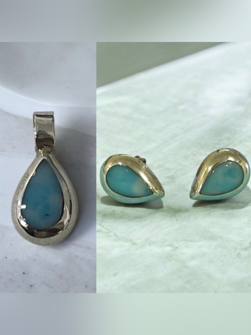 Mexican Sterling Silver Teardrop Turquoise Pendant and Stud Earrings Set